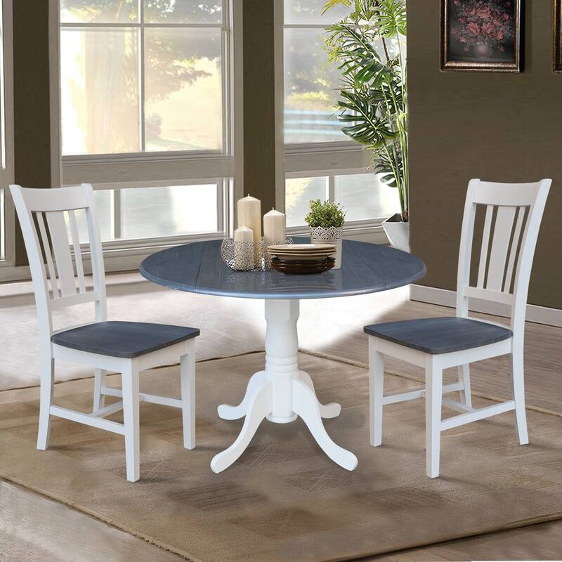 42" Solid Wood Dual Drop Leaf Table with 2 Dining Chairs - 3 Piece Set - White/Heather Gray