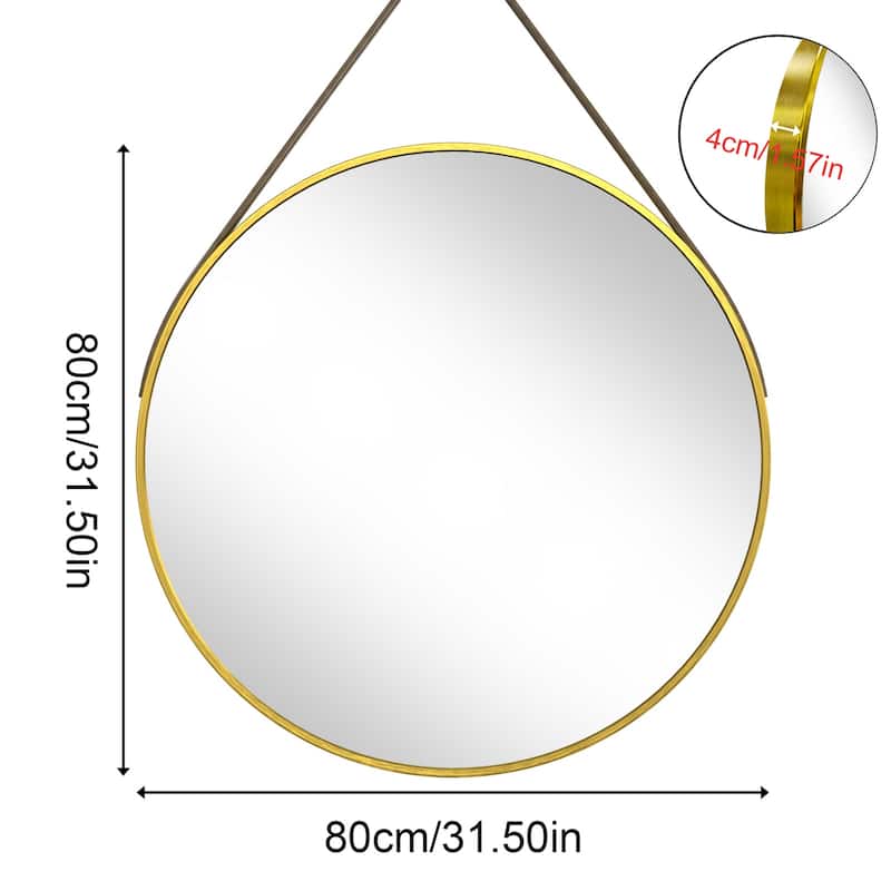 Round Wall Hanging Bathroom Vanity Mirror with Leather Strap Black Aluminum Frame