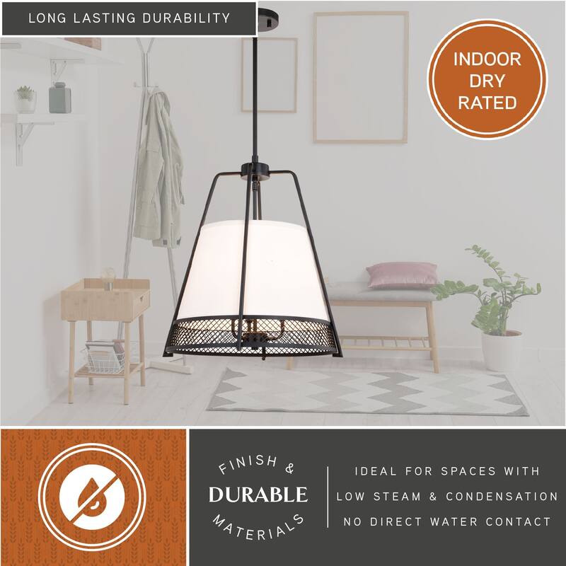 Benton 3L Black Wire Cage Modern Industrial Pendant Light White Linen Shade - 16.75-in W x 19-in H x 16.75-in D
