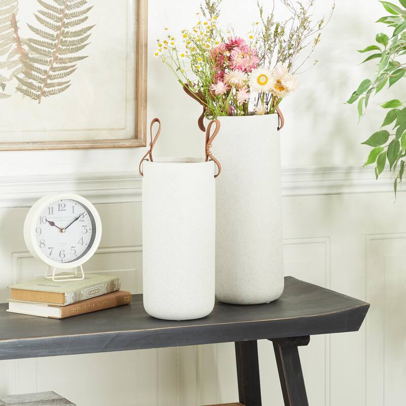 Ceramic Decorative Vase with Leather Handles - Set of 2 White - CosmoLiving by Cosmopolitan