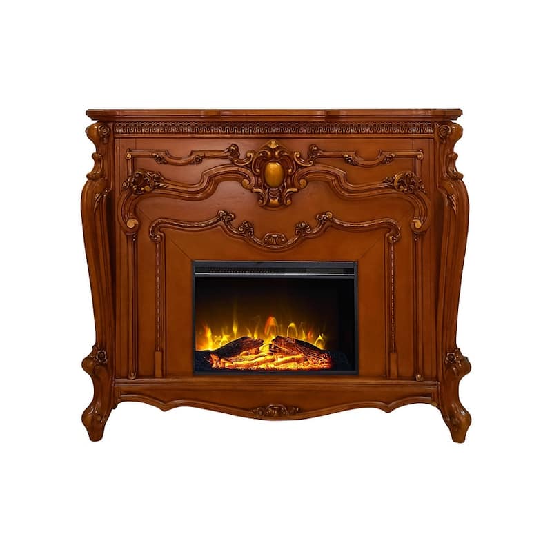 59" Brown Wood Ornate Carved Scrollwork Electric Fireplace With Mantle