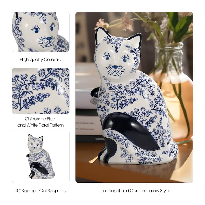 Ceramic Cat Sculpture Contemporary Vintage Style Chinoiserie Blue and White Floral Cat Statue Cat Lover