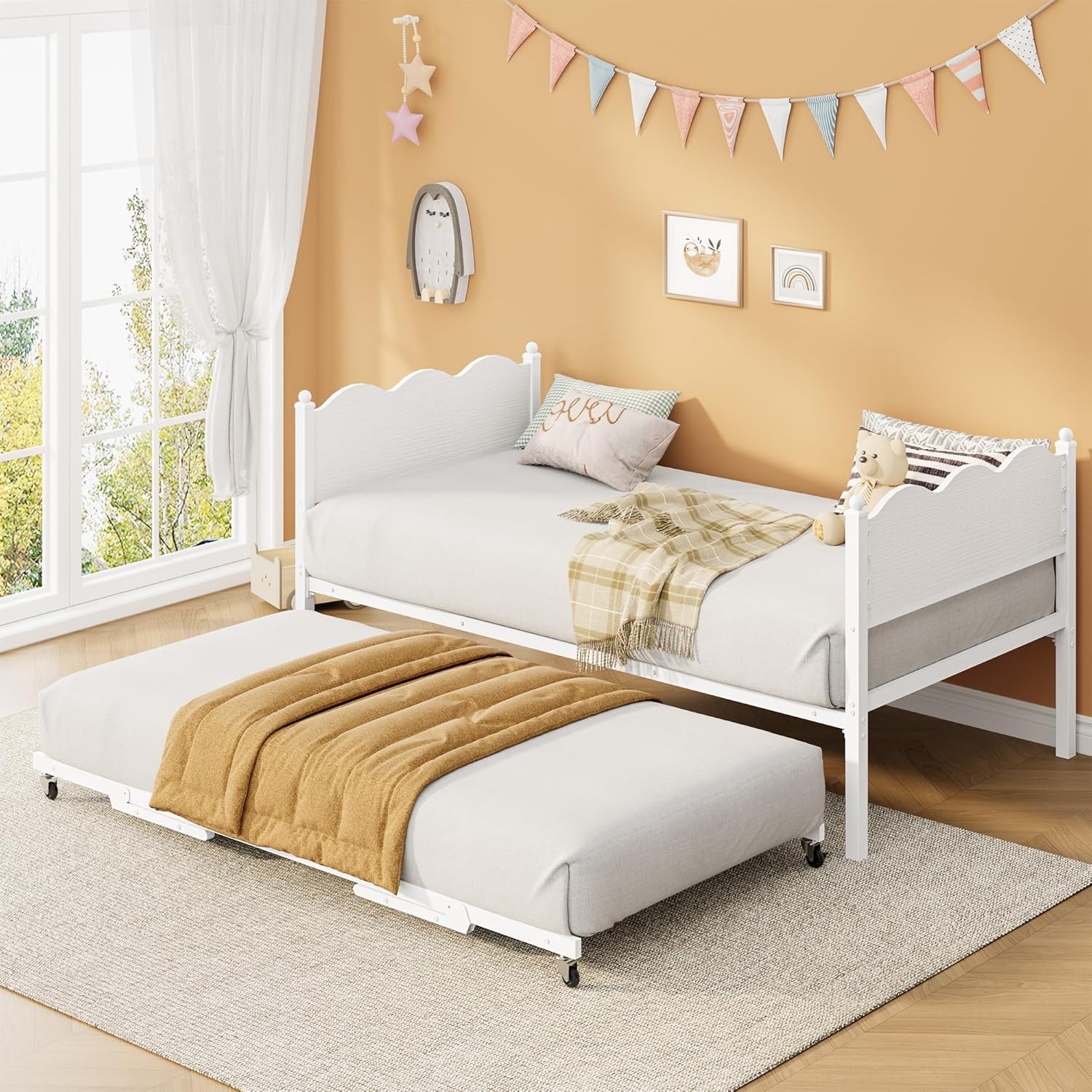 Twin Daybed with Trundle, Industrial Wood Grain Headboard, Steel Slats Support Sofa Bed for Bedroom, Living Room, Brown