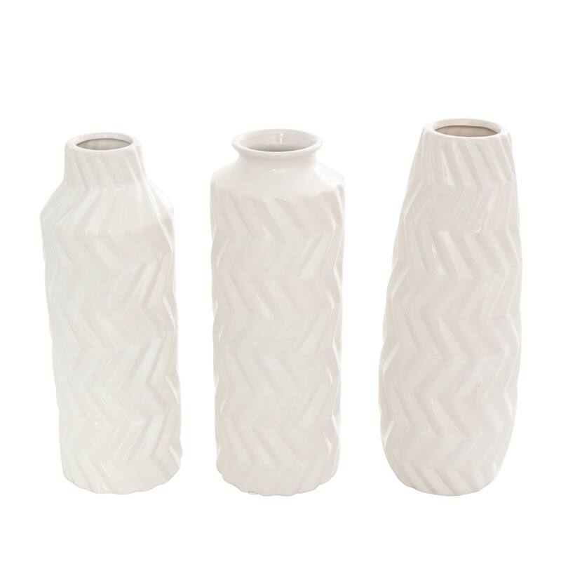 White Ceramic Dimensional Chevron Textured Decorative Vase with Varying Shapes (Set of 3)