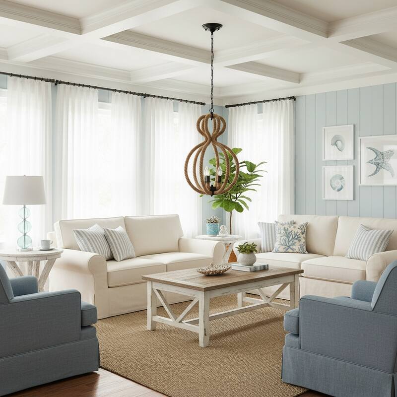 HomeRoots Natural and Black Iron and Rope Three Light Ceiling Light - 15' X '47.5' X '15