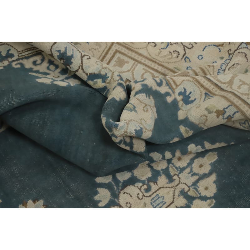 Hand Knotted Oriental 100% Wool Carpet Traditional Floral Navy Blue & Blues Tabriz Area Rug - 11' 9'' X 8' 8''