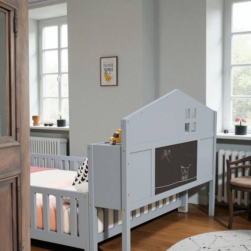 Full Size Montessori Floor Bed with Guard Rails, Bookcase Headboard & Blackboard, Solid Wood Platform Bed for Kids