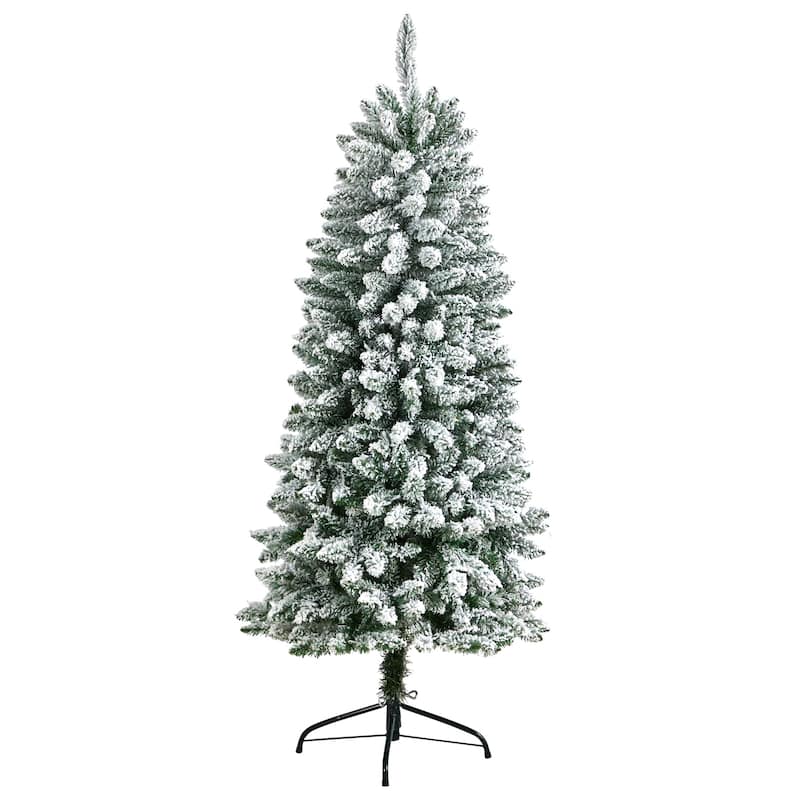 5ft Slim Artificial Christmas Tree with Lights - Winter Fir Tree, Prelit Holiday Decor, Realistic Flocked Tree - White - 60