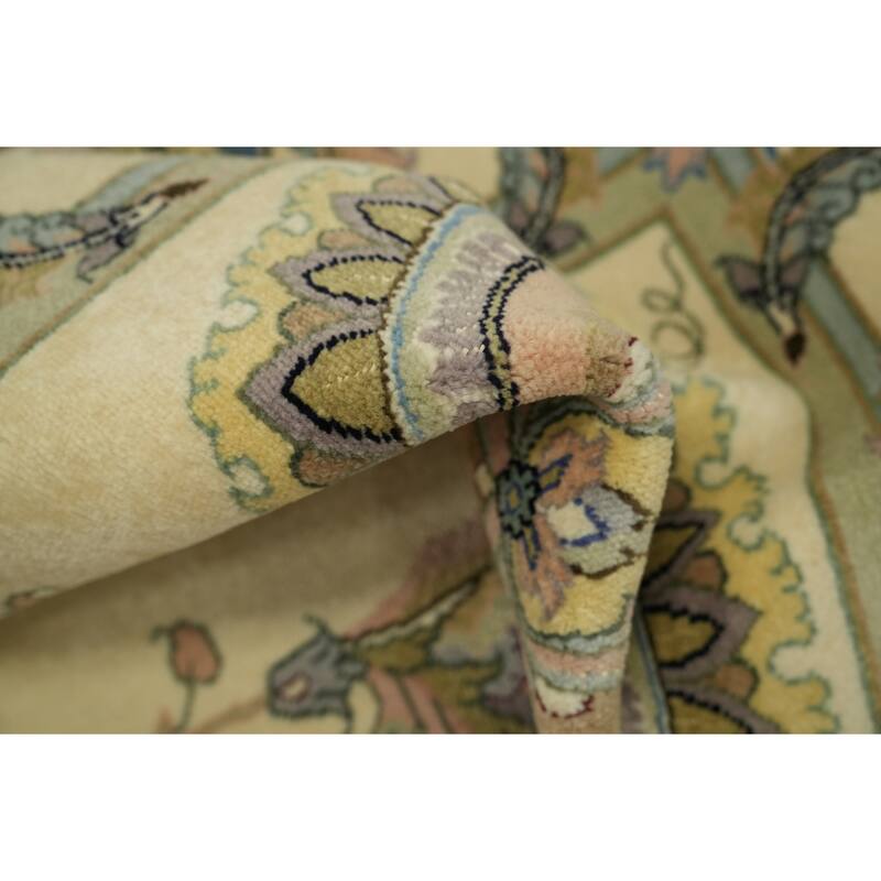 Hand Knotted Oriental Wool & Silk Carpet Traditional All-Over Beige & Ivories Tabriz Area Rug - 9' 11'' X 6' 6''