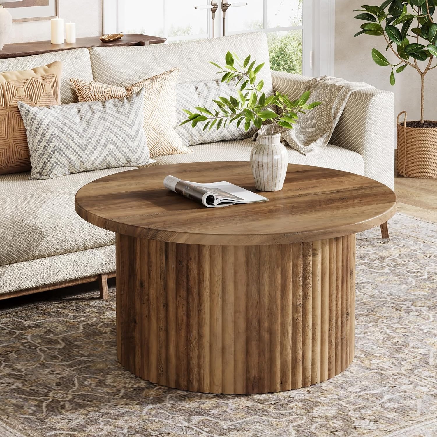 31.5 Inches Round Coffee Table with Metal Base