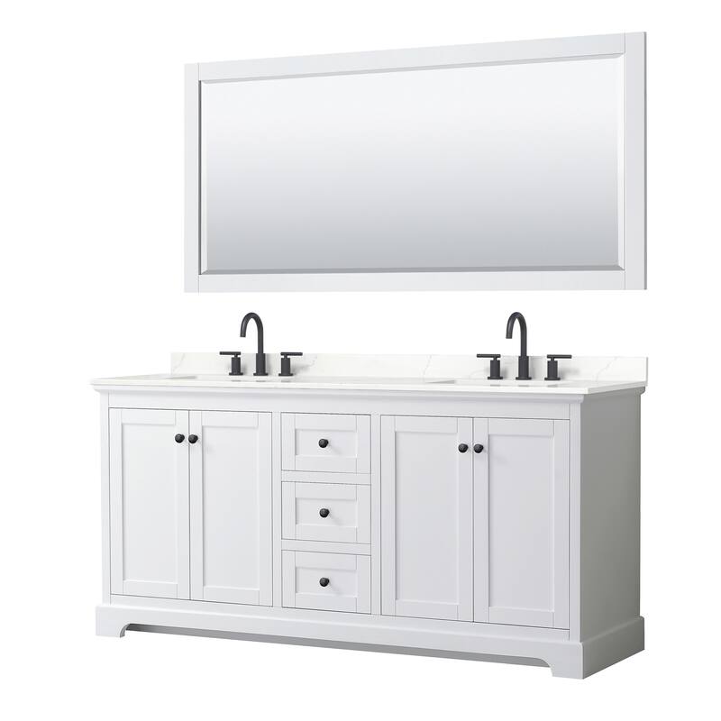 Avery 72-inch Double Vanity, Quartz Top, 70-inch Mirror - White, Black Trim, Giotto Quartz Top