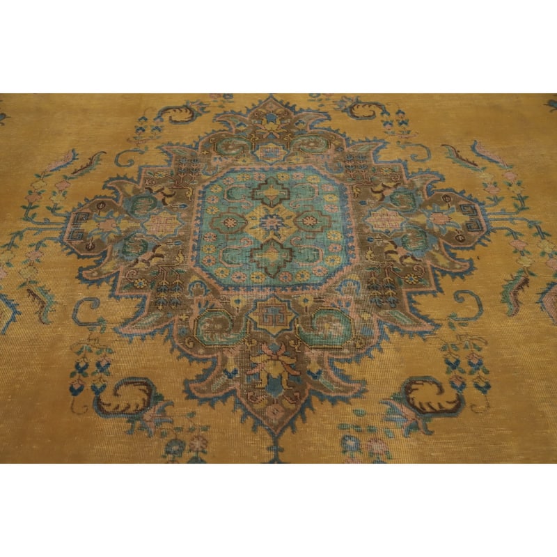 Hand Knotted Oriental 100% Wool Carpet Traditional Floral Yellow & Gold Tabriz Area Rug - 12' 5'' X 9' 8''
