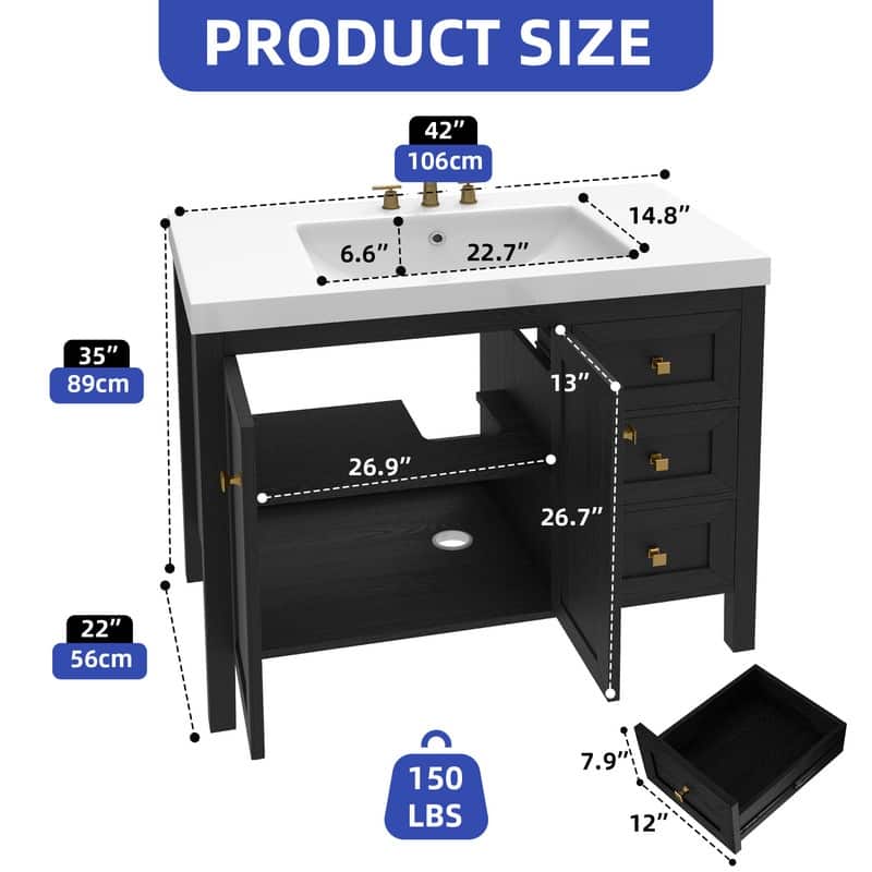 Moasis 36"/42" Bathroom Vanity Cabinet with Sink - 42 inch - Black