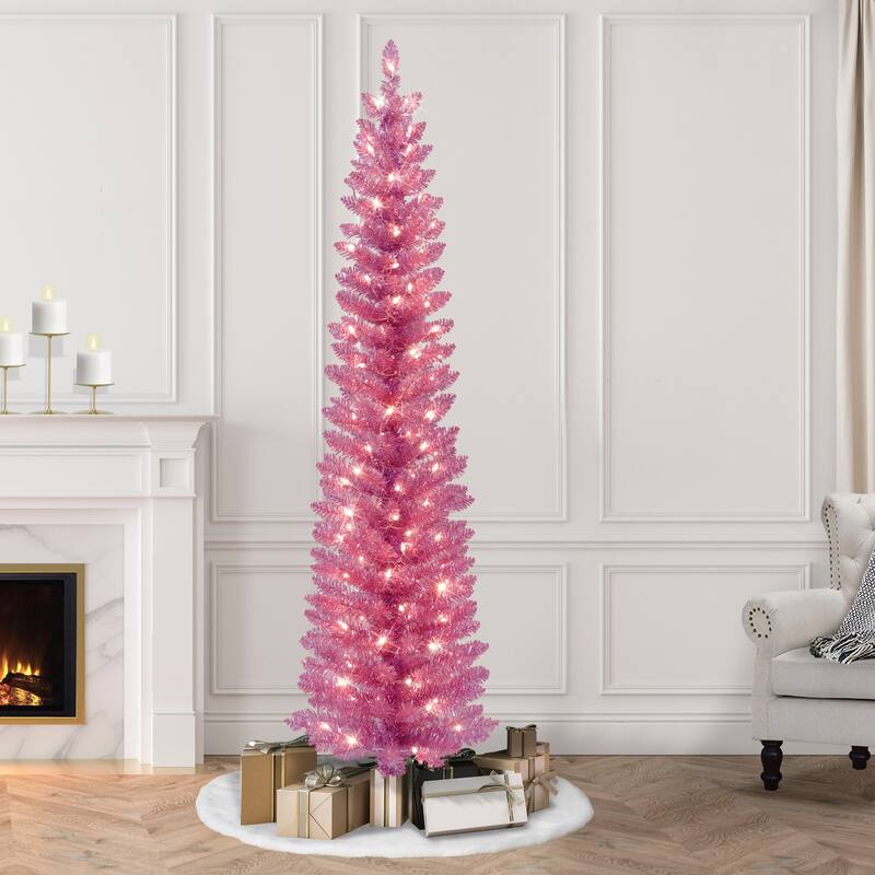 Puleo International 7 ft. Pre-Lit Pink Tinsel Artificial Tree
