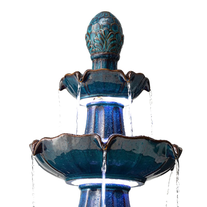 Glitzhome 45"H Oversized 3-Tier Pedestal Lotus Ceramic Resin Outdoor LED Fountains