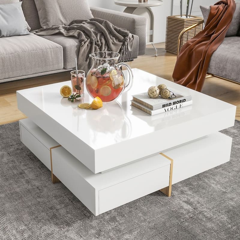 Modern High Gloss Coffee Table with 4 Drawers, Multi-Storage Square Cocktail Tea Table