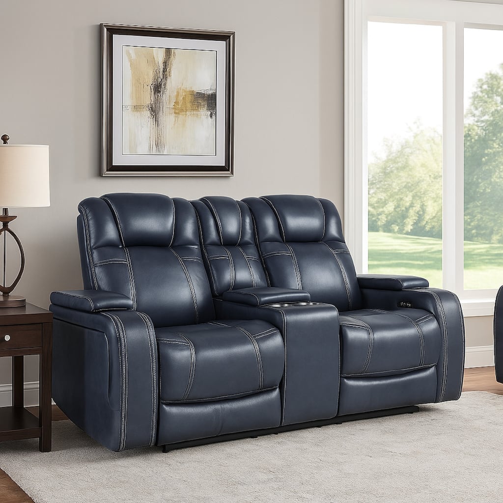 Ezia Power Double Recliner Loveseat, Console, Blue Leather, 74 Inch
