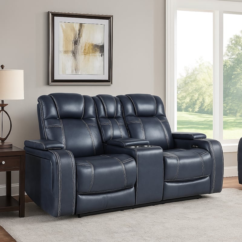 Ezia Power Double Recliner Loveseat, Console, Blue Leather, 74 Inch