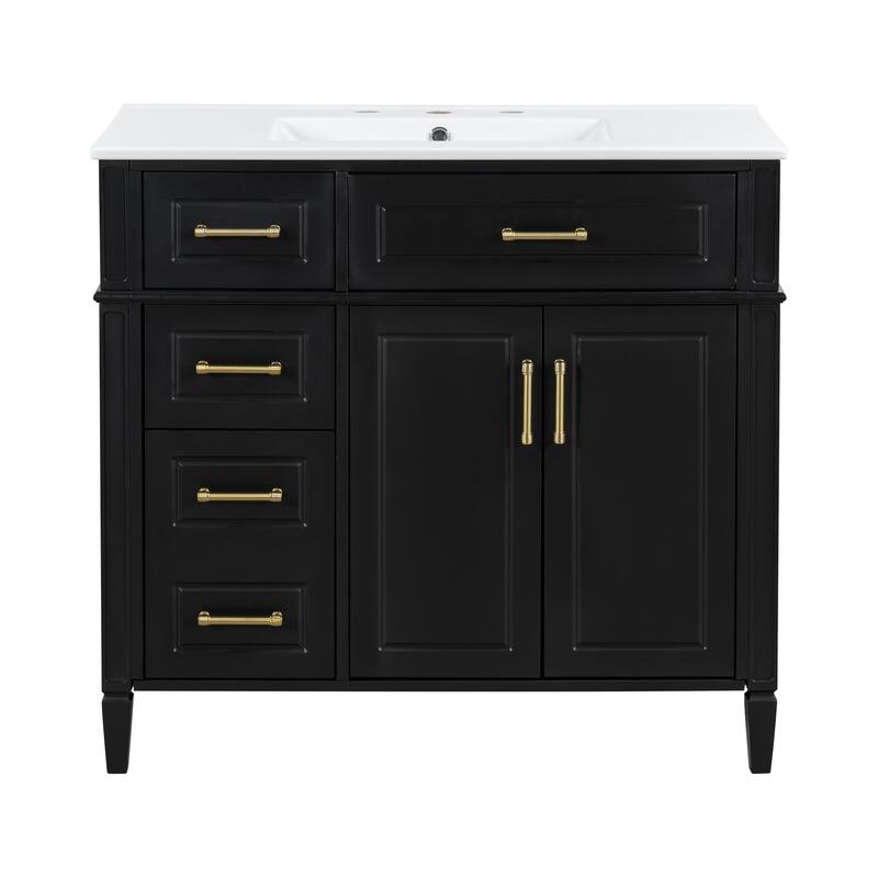 Roomfitters 36" Bathroom Vanity with Sink, Solid Pinewood Frame, 4 Drawers, Soft-Close Doors & Adjustable Shelf