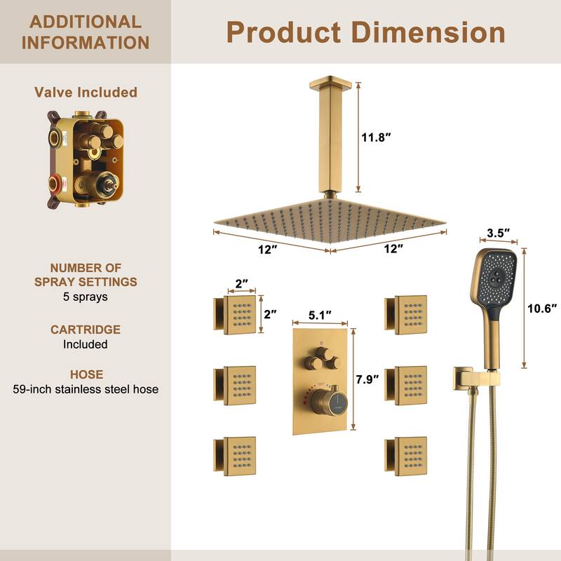 Celling Mount 12 Inch Rainfall Shower Head 3 Function Thermostatic Shower System with 6 Body Jets