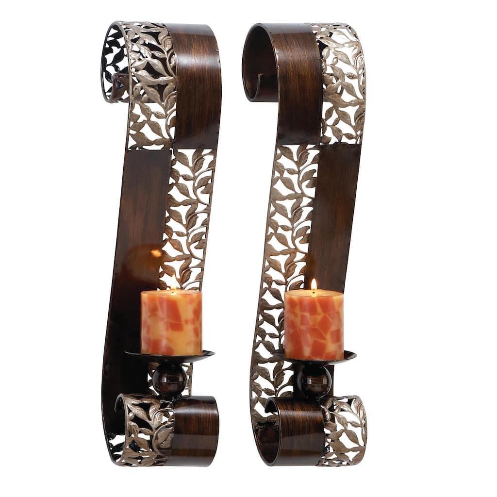 Metal Leaf Cutout Wall Sconce with Scrolled Edges - Set of 2 Brown - Roche River Decor