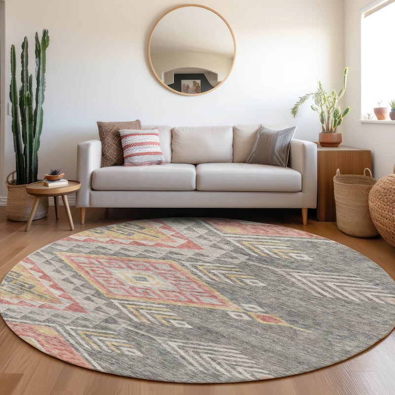 Machine Washable Indoor/ Outdoor Boho Tribal Chantille Rug - Gray - 8' x 8'