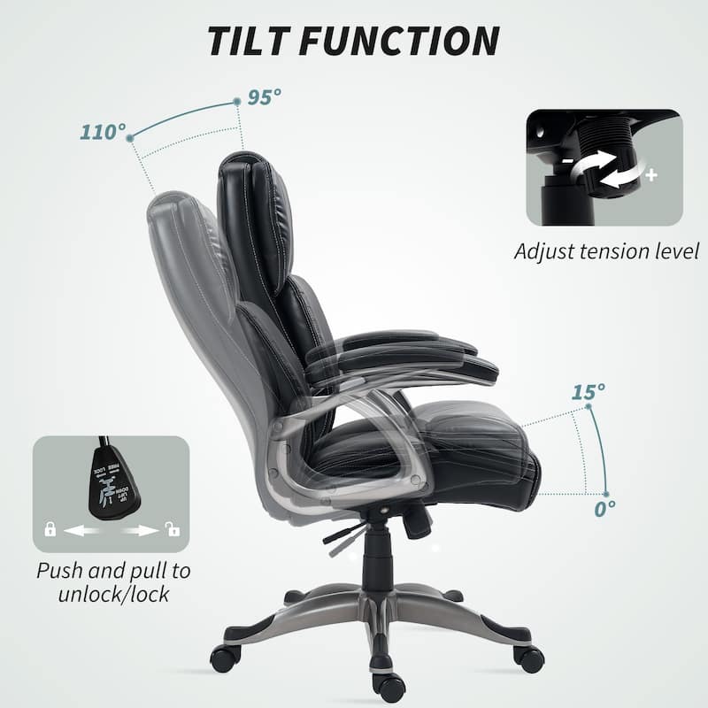Adjustable Height PU Leather Office Chair with High Back and Armrests Tilt Swivel for Home or Desk