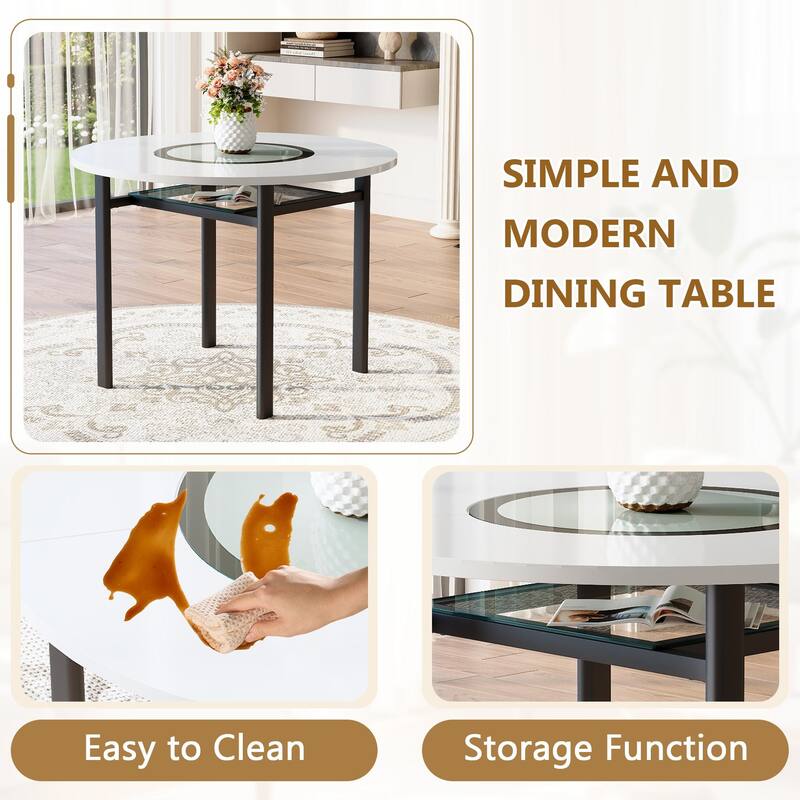 5 Piece Dining Table Set with 42 Inch Round MDF Top Glass Insert 4 PU Chairs