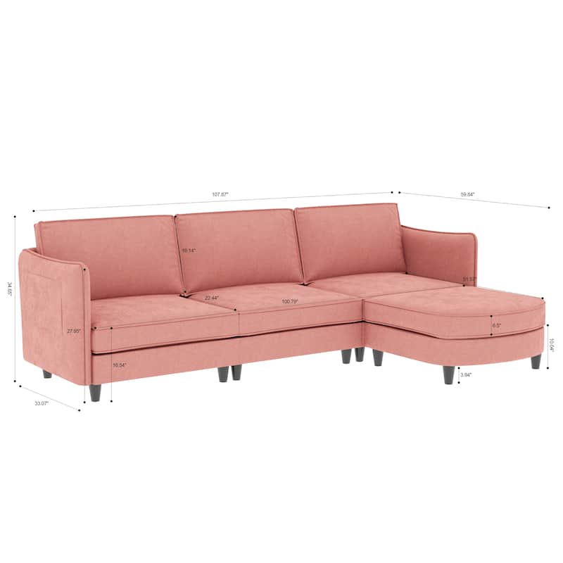 Convertible Sectional Sofa with Movable Ottoman, L-Shaped Sofa with Side Pockets, Corner 3 Seater Sofa for Living Room, Office