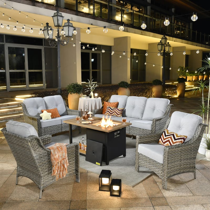 XIZZI 5-piece Patio Furniture Wicker Outdoor High Back Sofa Set with Fire Pit - Grey