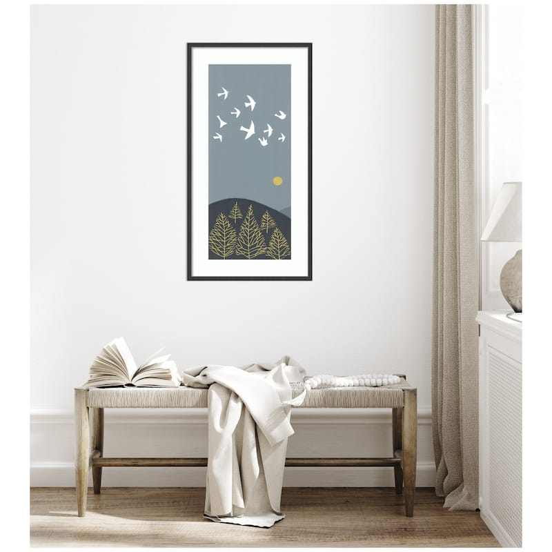 Kate and Laurel Framed Art Hilltop Flight Linocut Bird by Giuliana Lazzerini Lazzerini