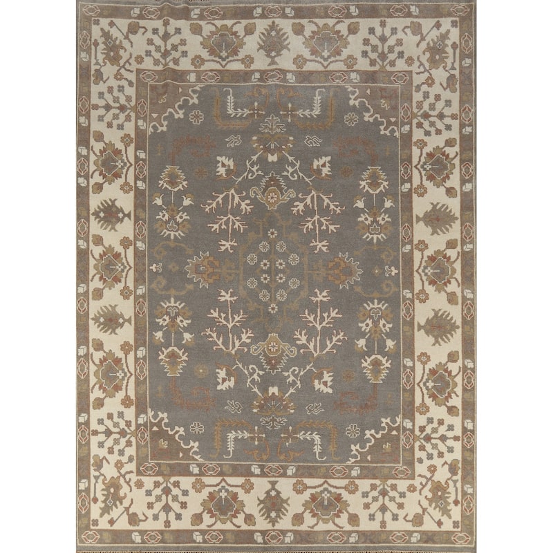 Gray Oushak Indian Area Rug Handmade Transitional Floral Wool Carpet - 9'2" x 11'7"