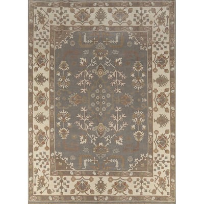 Gray Oushak Indian Area Rug Handmade Transitional Floral Wool Carpet - 9'2" x 11'7"
