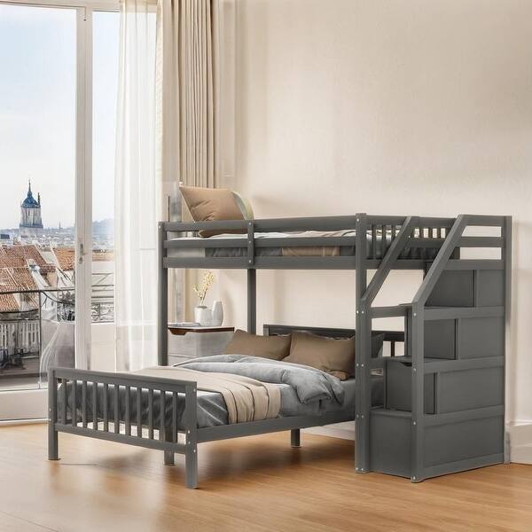 slide 2 of 17, Twin over Full Loft Bed with Staircase, Ladder with 3 Grids, Grey Grey