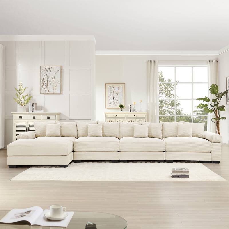 GDFStudio - Corduroy L-Shaped 4-Seater 167.6" Cloud Modular Sectional Couch with Ottoman