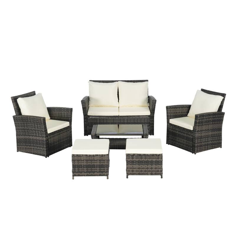 6-Piece Outdoor Patio Rattan Conversation Sofa Set with Tempered Glass Coffee Table
