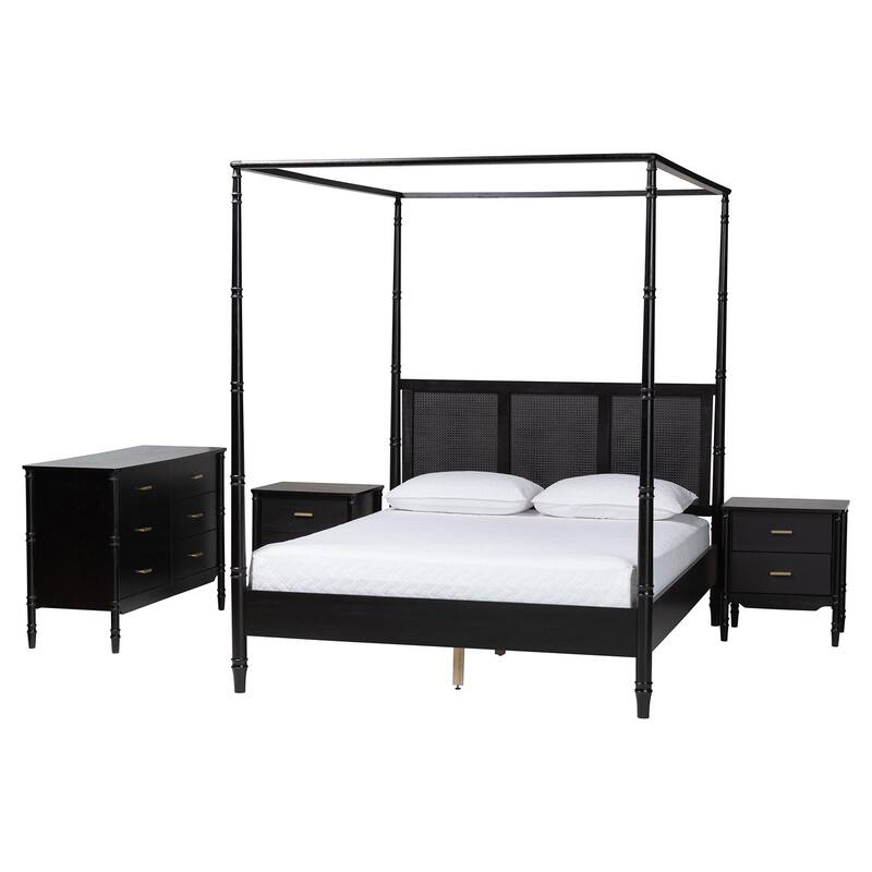 Marisela 4-Piece Black Bedroom Set - Canopy Bed with Synthetic Rattan Headboard, Matching Dresser and Two Nightstands - Queen