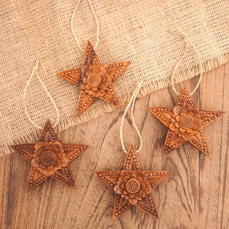 Novica Handmade Little Lotus Wood Holiday Ornaments (Set Of 4)