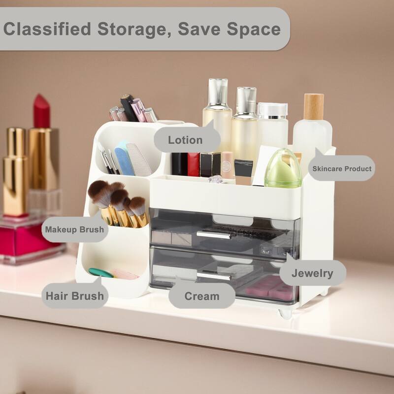 Makeup Organizer Three-Layer Cosmetic Storage w/ Drawer for Vanity Holder White - 13.46"x6.89"x9.84" - White - 13.46"x6.89"x9.84"