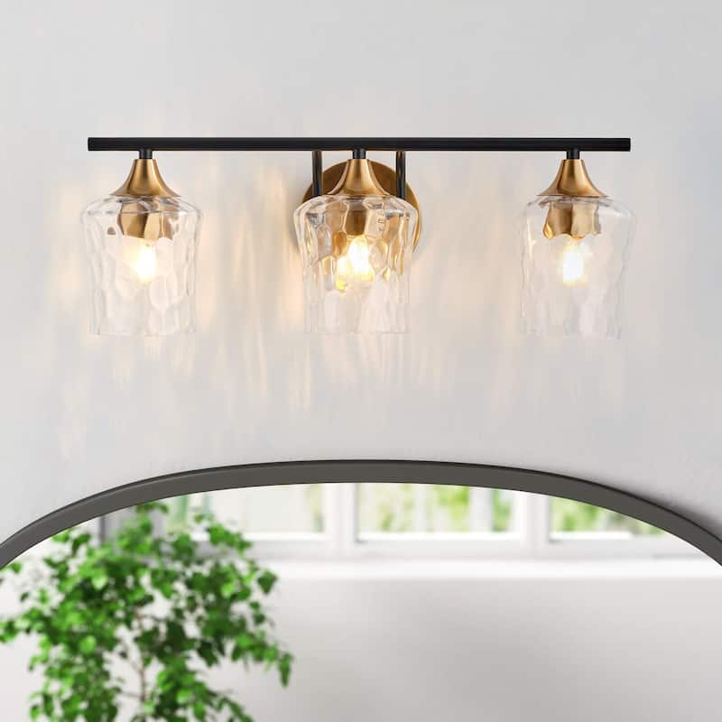 Brushed Gold 3-Light Bathroom Vanity Light with Clear Water Ripple Glass Shades