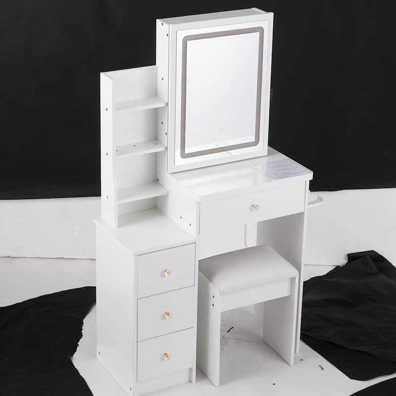 29.2" Compact Left Bedside Vanity Set with Cushioned Stool