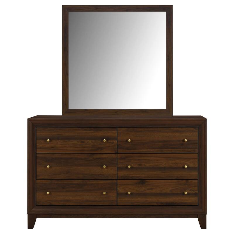 Yels Wide Dresser with Matching Mirror, 6 Drawers, Walnut Brown Wood