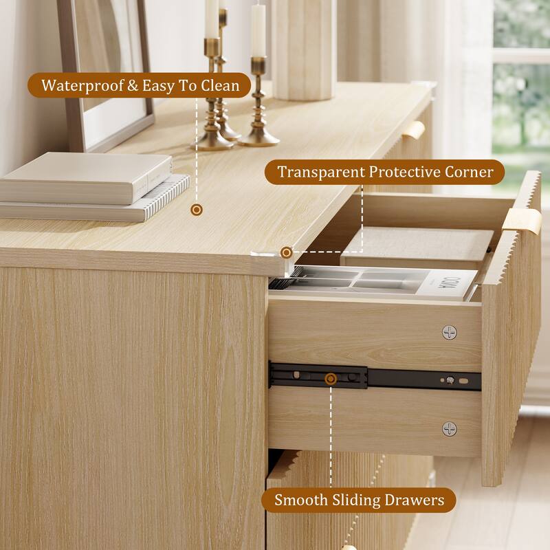 6 Drawer Dresser for Bedroom, 53" Wide Boho Fluted Dresser