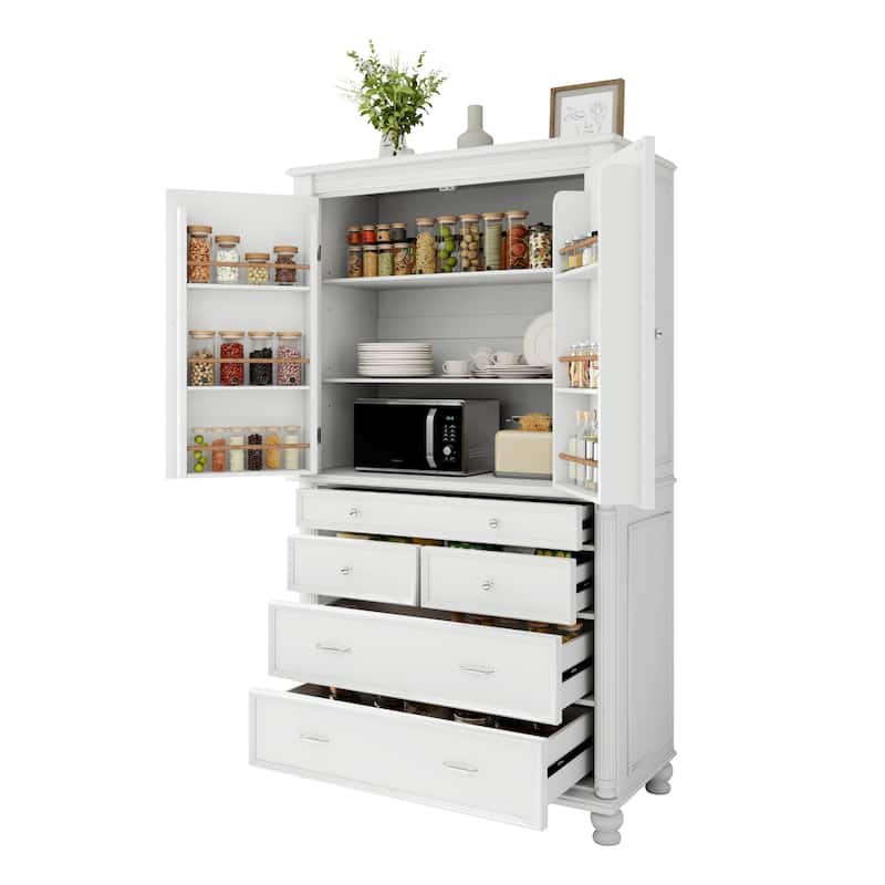 Tall Kitchen Pantry, 77.3"H - Large Storage Cabinet with 5 Drawers, 6 Door Shelves & 2 Adjustable Shelves, Freestanding
