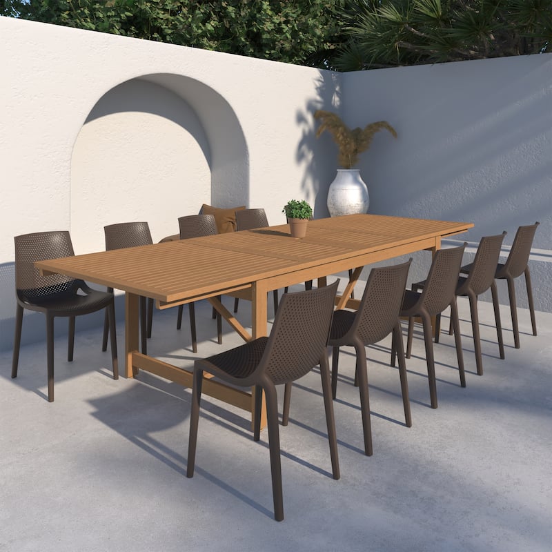 Amazonia Macker 11 Piece FSC Certified Wood Outdoor Patio Dining Set - Light Wood Finish and Brown Chairs