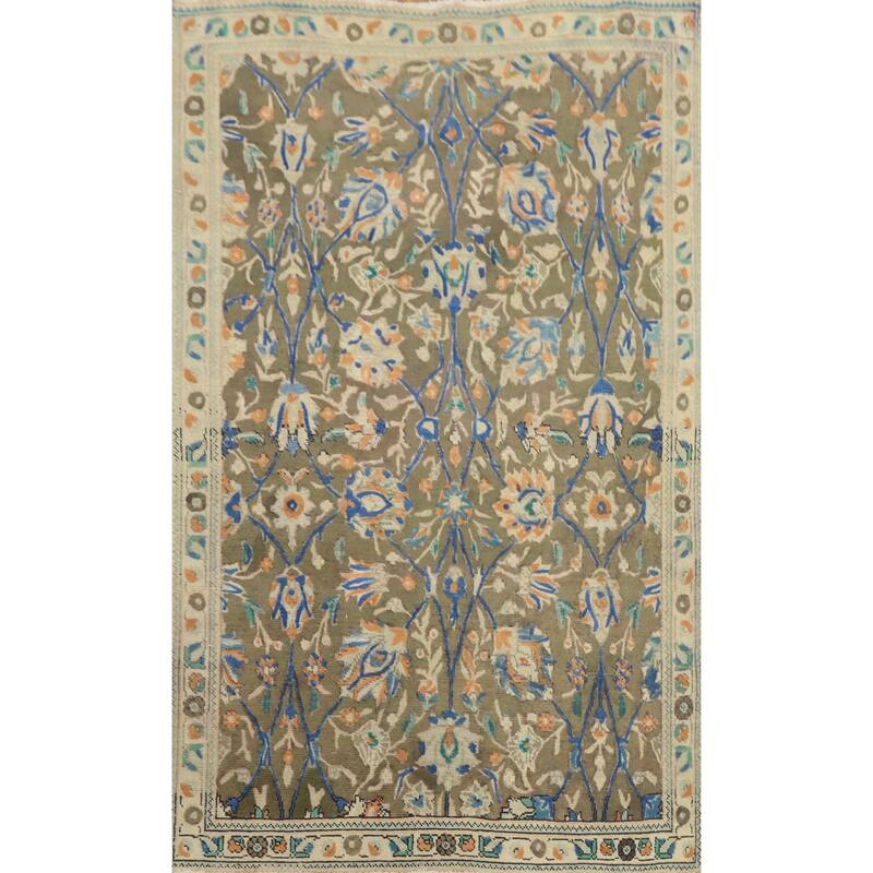 Hand Knotted Oriental 100% Wool Carpet Traditional Floral Green Tabriz Area Rug - 6' 6'' X 4' 3''