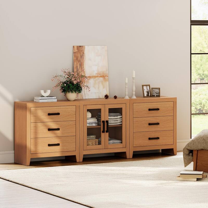 WAMPAT Farmhouse Buffet Cabinet with Glass Doors and Drawers, 3-Piece Modular Sideboard
