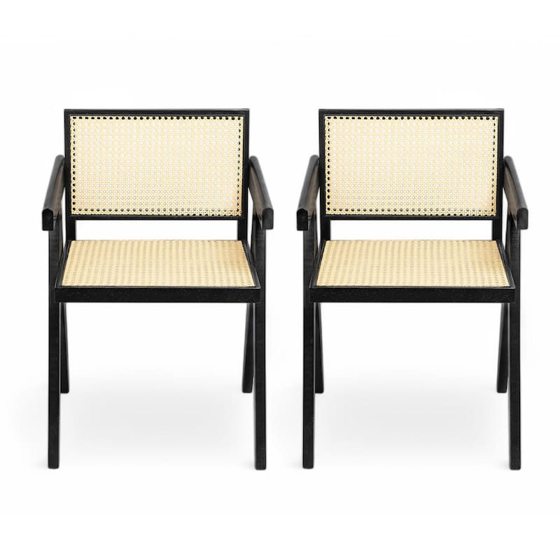 2-Piece Dining Room Arm Chairs Set with Square Rattan Backrest