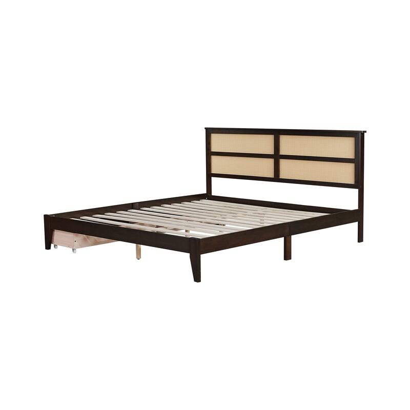 King Size Bed with Rattan Headboard and Two Drawers
