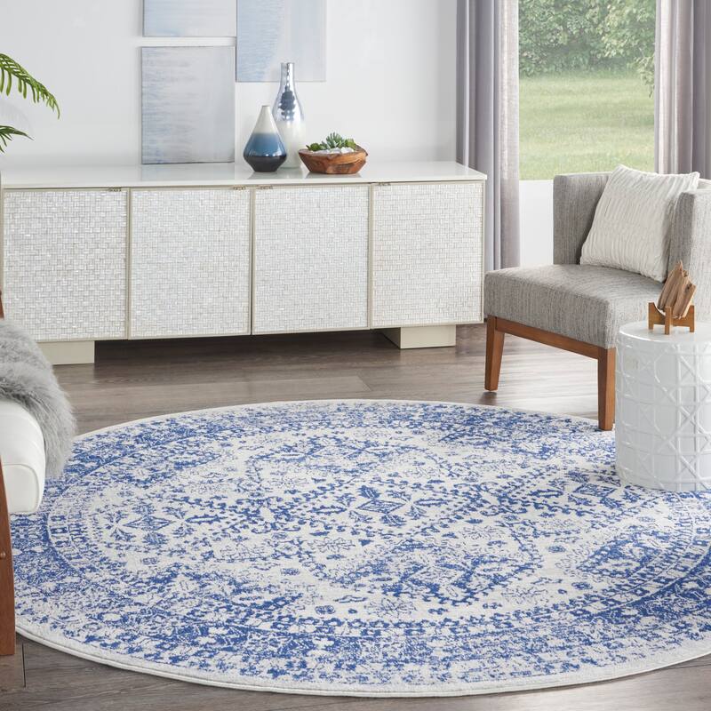 Nourison Whimsicle Boho Floral Geometric Ivory Navy Area Rug - 8' Round - Ivory Navy - Runner/Round